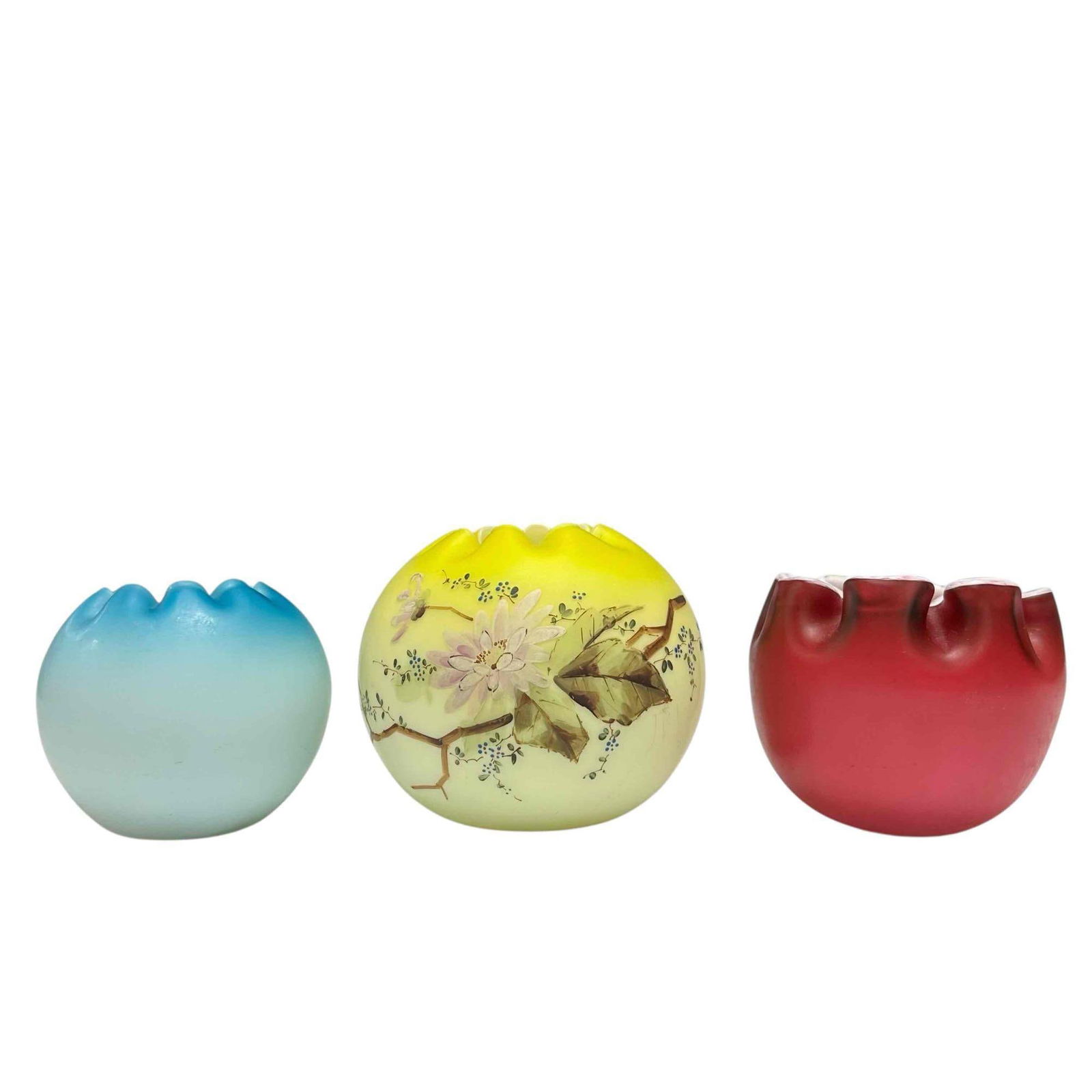 Three (3) Pinched Top Art Glass Rose Bowls (1 of 17)