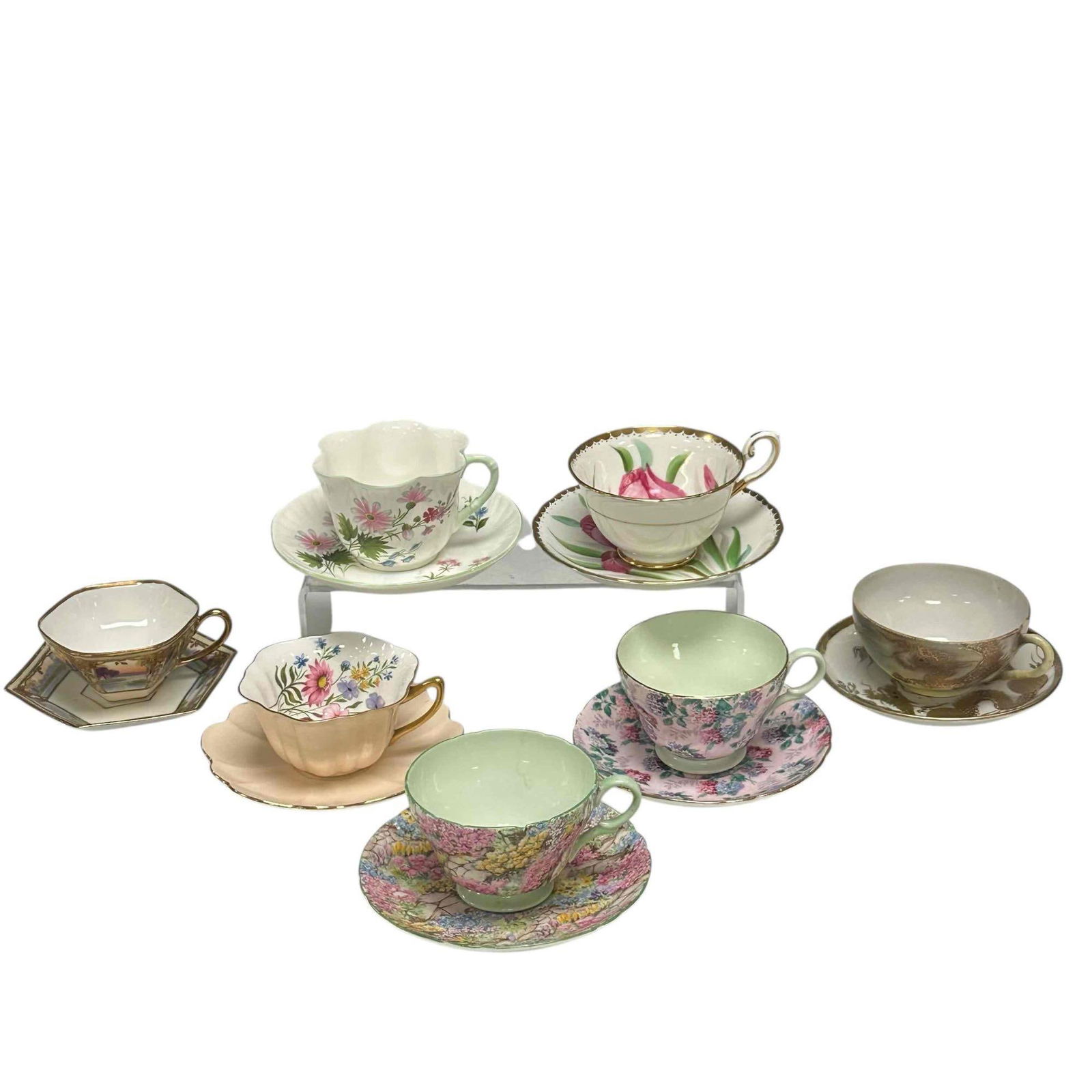 (7) Cups and Saucers - SHELLEY NIPPON: Including three Shelley, two Japan and two English Staffordshire and Tuscan. All in good condition as shown, see photos. Nice group for those collectors and ebayers etc.