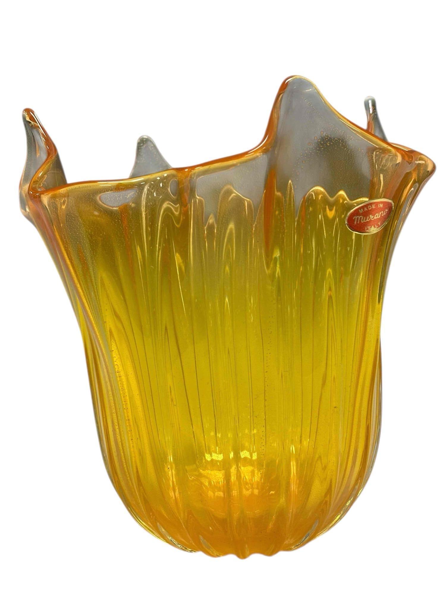 Murano Italian Art Glass Bowl / Cache Pot: A fine Yellow amber with gold accent flakes. Ribbed abstract body, polished base and original label as shown. Measuring approx 9" tall x 9" diameter. Very good condition, no issues, see photos. Very s
