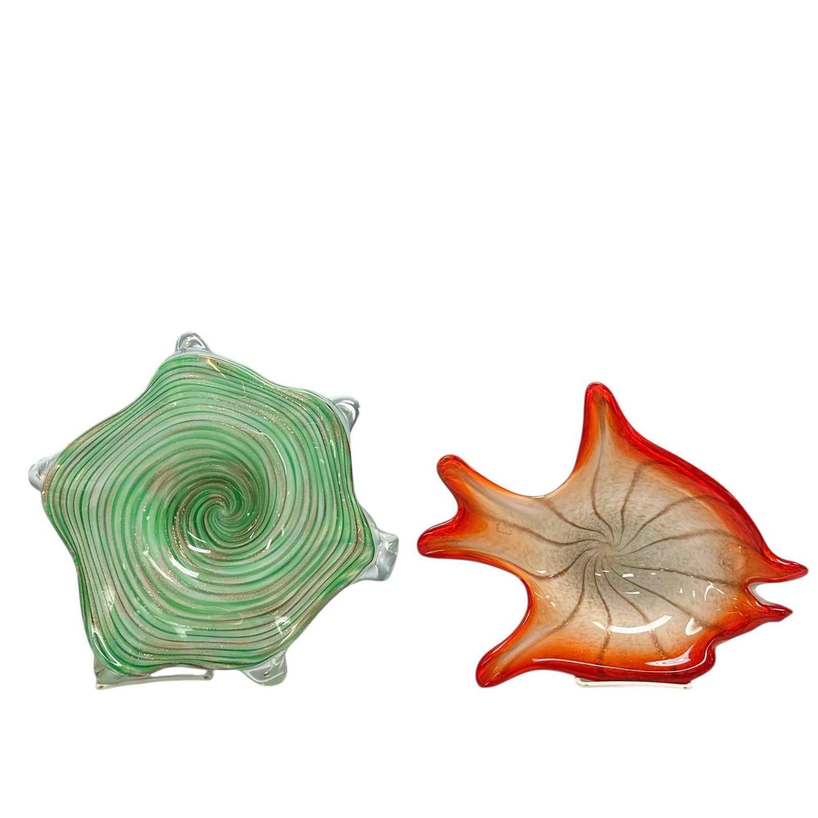 (2) Murano Art Glass Oceanic Motif Sculptured Pcs: Including a fish measuring approx 11" and a seaweed rainbow swirled 12" diameter. Both good as shown, see photos