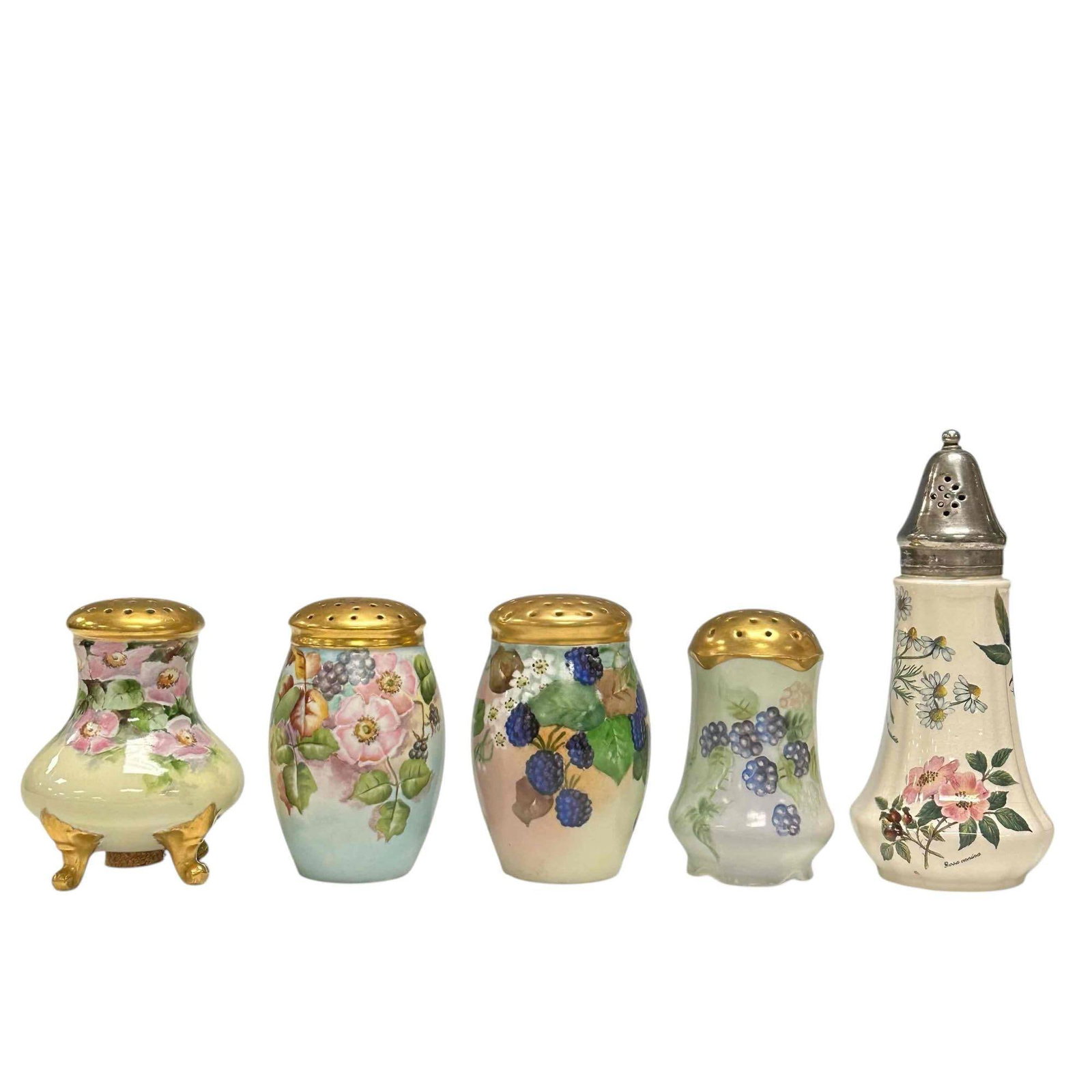 French and English Porcelain Shakers: Three fine hand painted blackberry shakers with gold tops approx 5" tall and artist signed, footed French Limoges squat form and a tall Staffordshire with silverplated top approx 8". All in good, ligh
