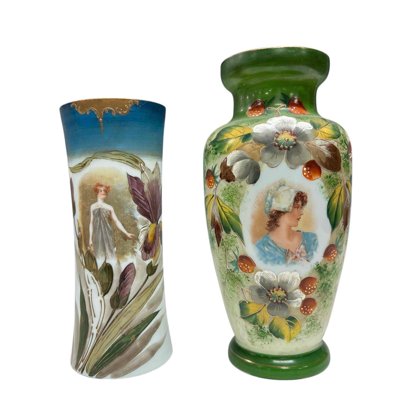 Two (2) Victorian Bristol Vases: Bristol with portrait and strawberry motif approx 12.5" tall and other 11" tall. Both in good age appropriate condition, see photos