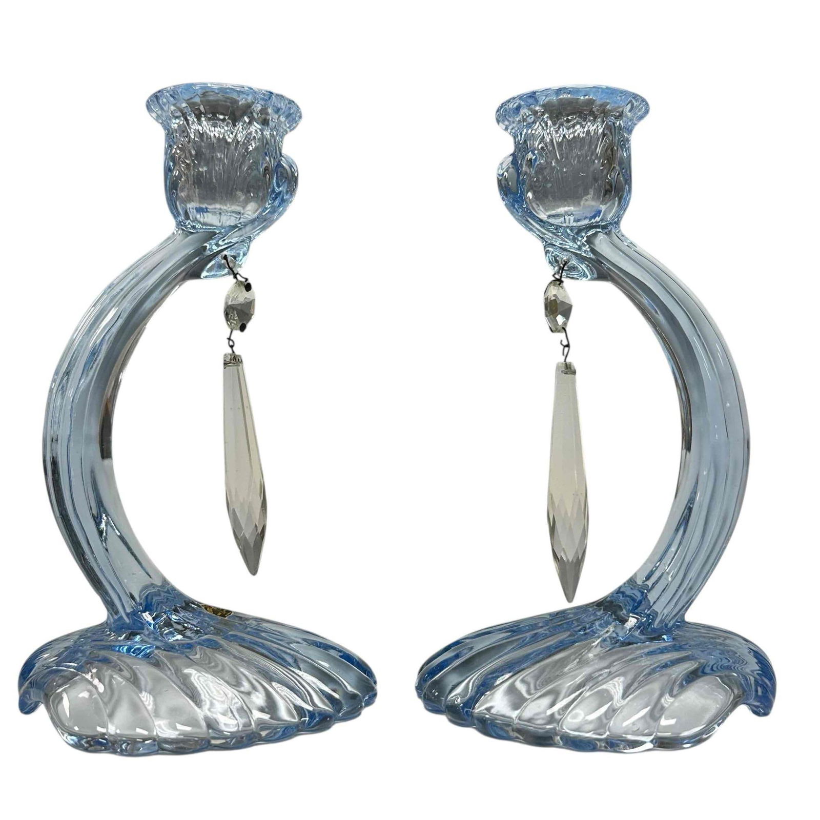 Pair of Art Deco Ocean Blue Cambridge Glass Candlesticks (1 of 14)