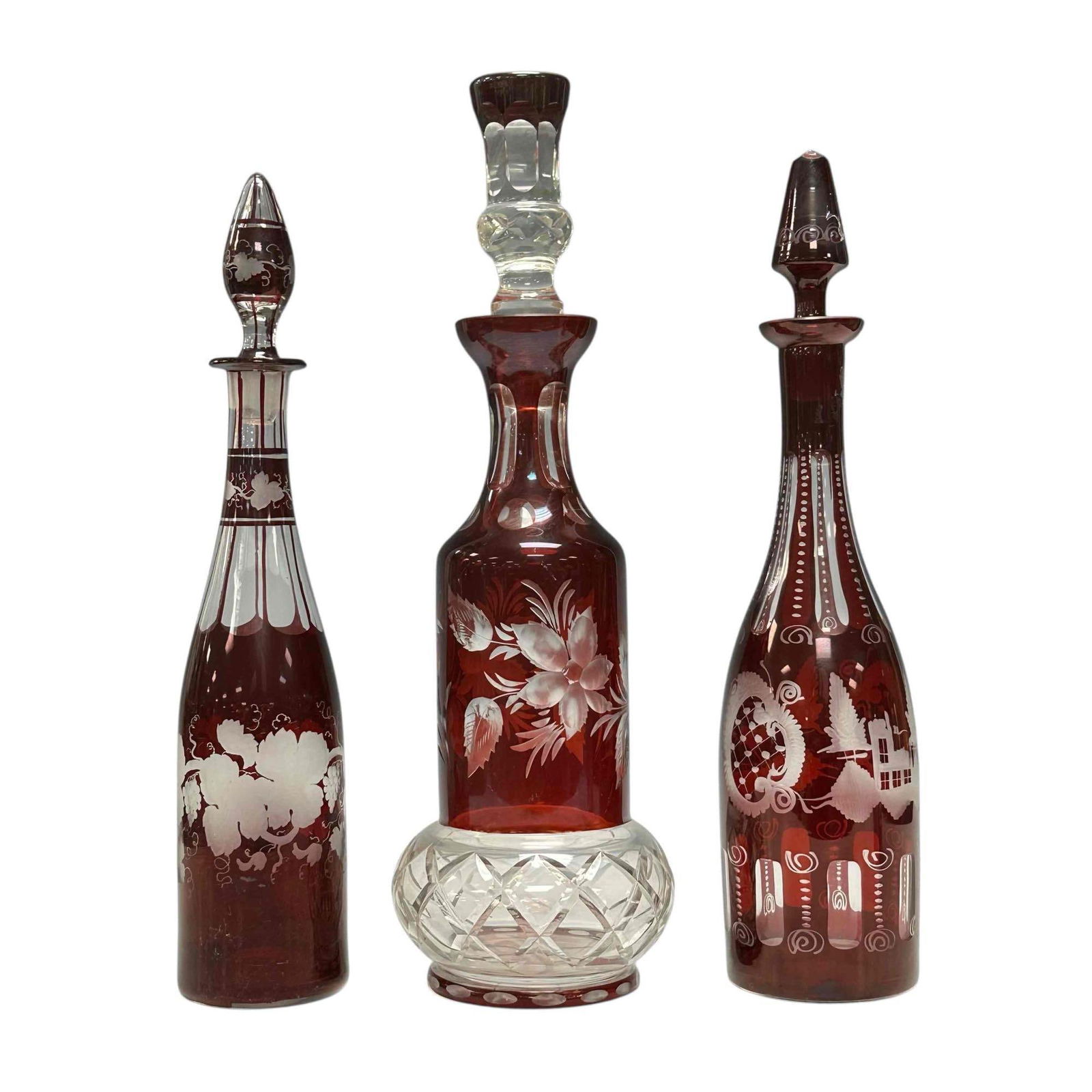 (3) three Bohemian Ruby to Clear Decanters (1 of 20)