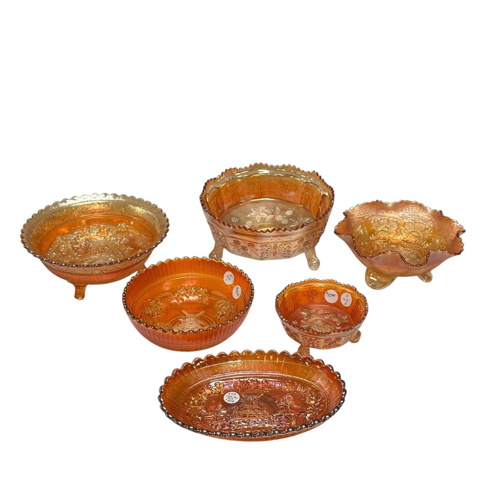 Six (6) Pieces Marigold Carnival Glass Bowls - Fenton, Imperial, Etc. (1 of 18)
