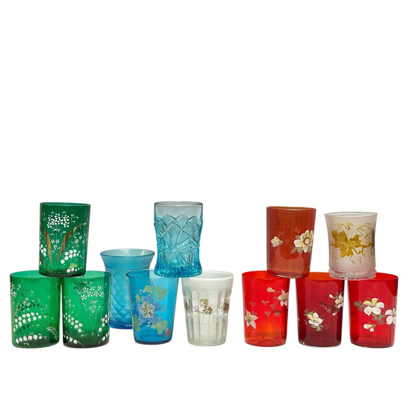 (12) Various Antique Glass Tumblers: Including four red with floral enamel, thee emerald green and others as shown. Light use and wear. ca 1890-1930. See photos