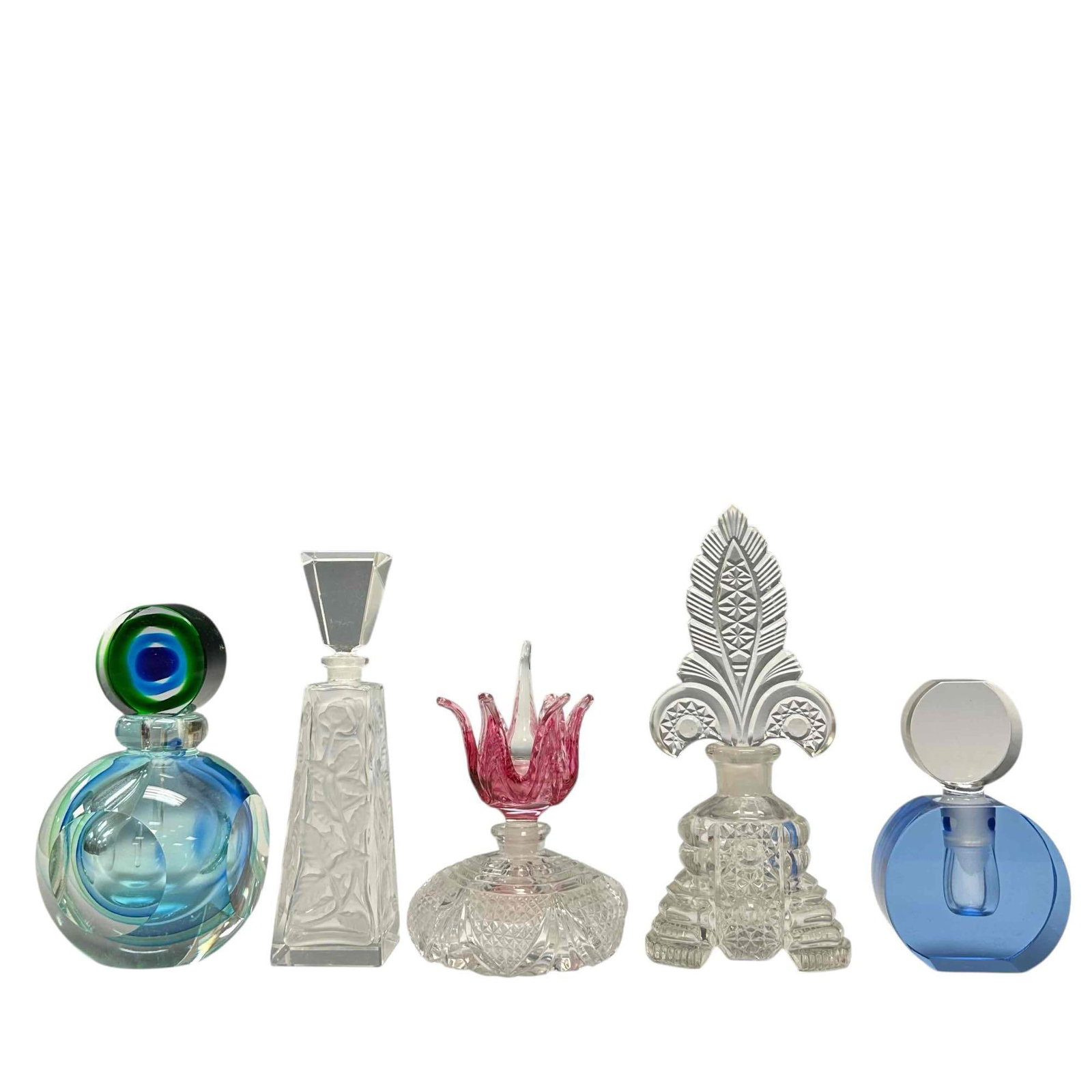 (5) Czech Art Glass Perfume Scent Bottle: Various patterns, colors and style. 1920-50's Good condition, no issues, see photos
