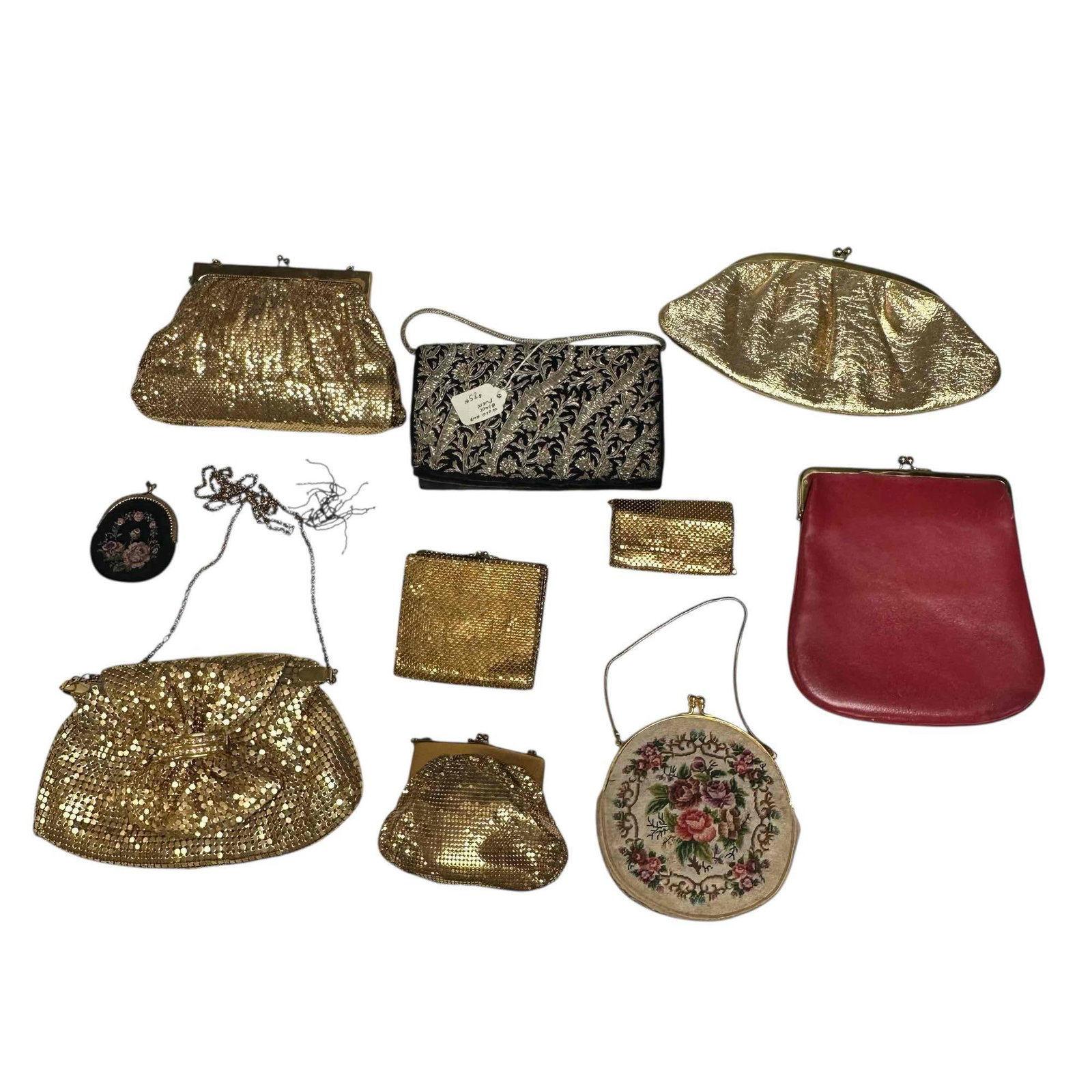 Ten (10) Small Evening/Handbags: Various sizes. Sequins, stitched and leather bags. Working clasps, and good condition. Made in India, USA, etc. Whiting & Davis and St Thomas. See Photos