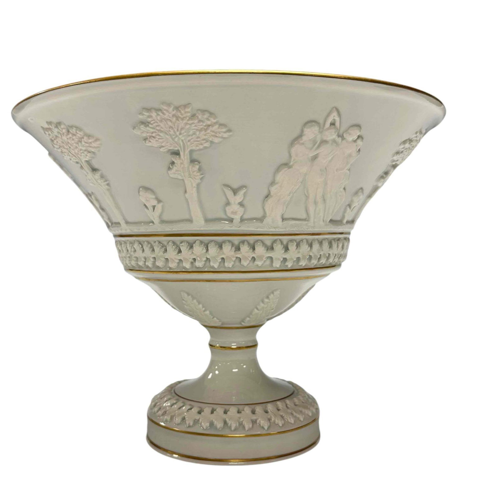 Italian Renaissance Motif Porcelain Compote: High relief bordered exterior center bowl or compote 8" h x 10" w. Very good condition, mid 20th century Italy