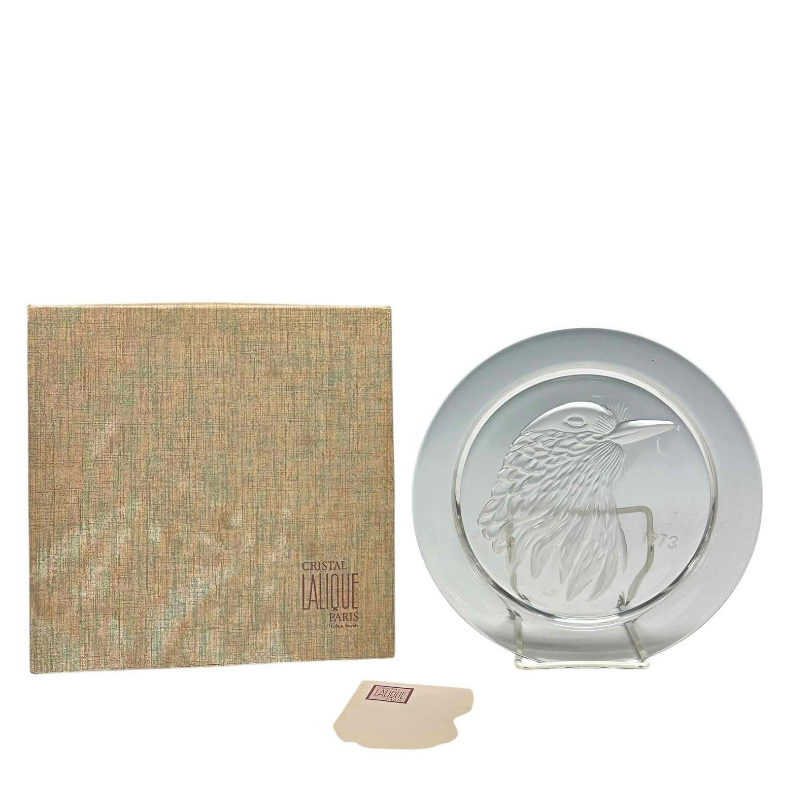 Lalique JAYLING BIRD Crystal Plate with Box: Measuring approx 8.5" diameter and box 8.75" x 8.75". Overall very good as shown, see photos