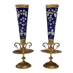 Fine French Empire Gilt Bronze and Cobalt Glass Urns