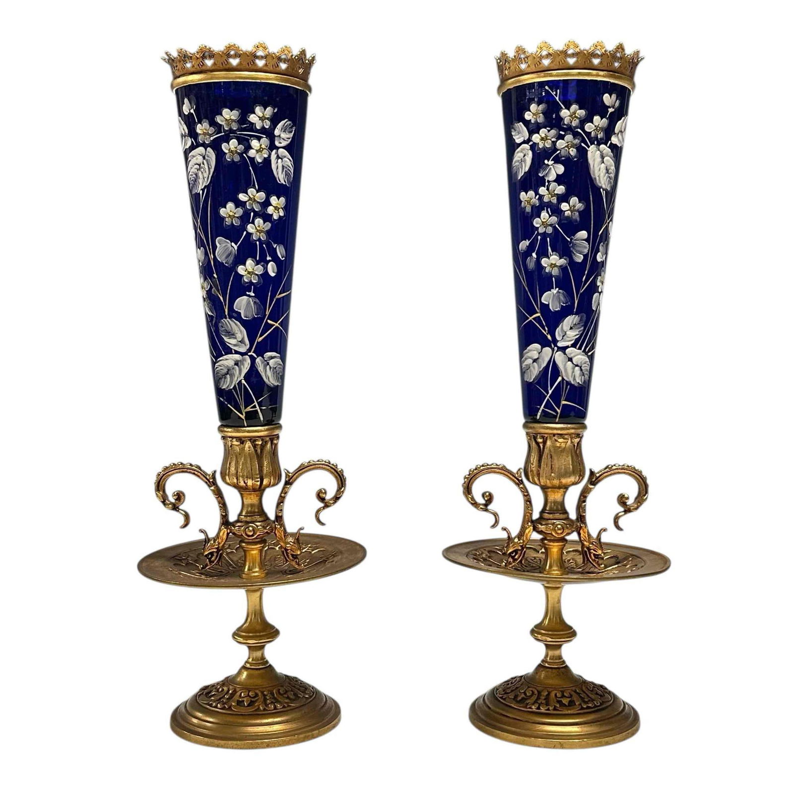 Fine French Empire Gilt Bronze and Cobalt Glass Urns