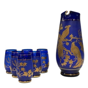 7pc BOHEMIA Czech Cobalt and Gilt Drink Set