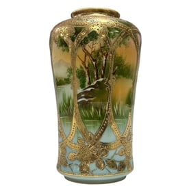 Unusual Gilt Beaded Paneled NIPPON Landscape Vase