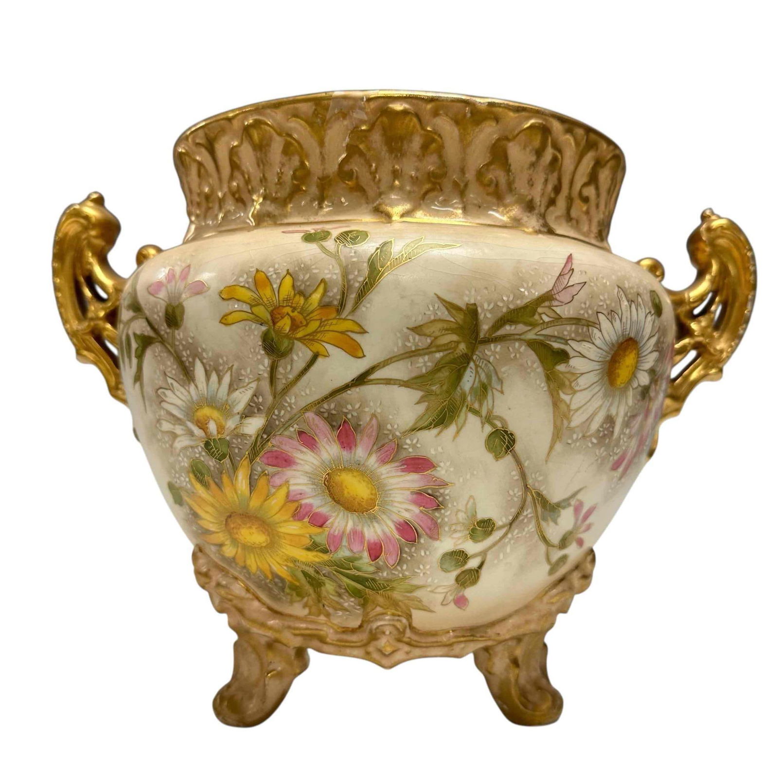 ROYAL BONN Art Nouveau Cachepot / Jardiniere: Late 19th century German tri footed hand painted planter or cache pot. Measuring approx 9" h 12" wide (handle to handle). Light use and wear, overall very good as shown, see photos