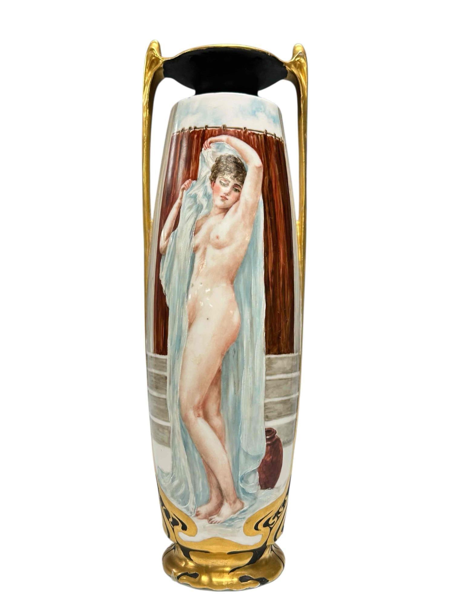 Art Nouveau Nude Portrait Hand Painted Vase: A fine hand painted porcelain vase of elegantly posed nude female. Wonderful expression with class. Late 19th century German or Austrian, impressed mark on bottom as shown, see photos. Measuring appro