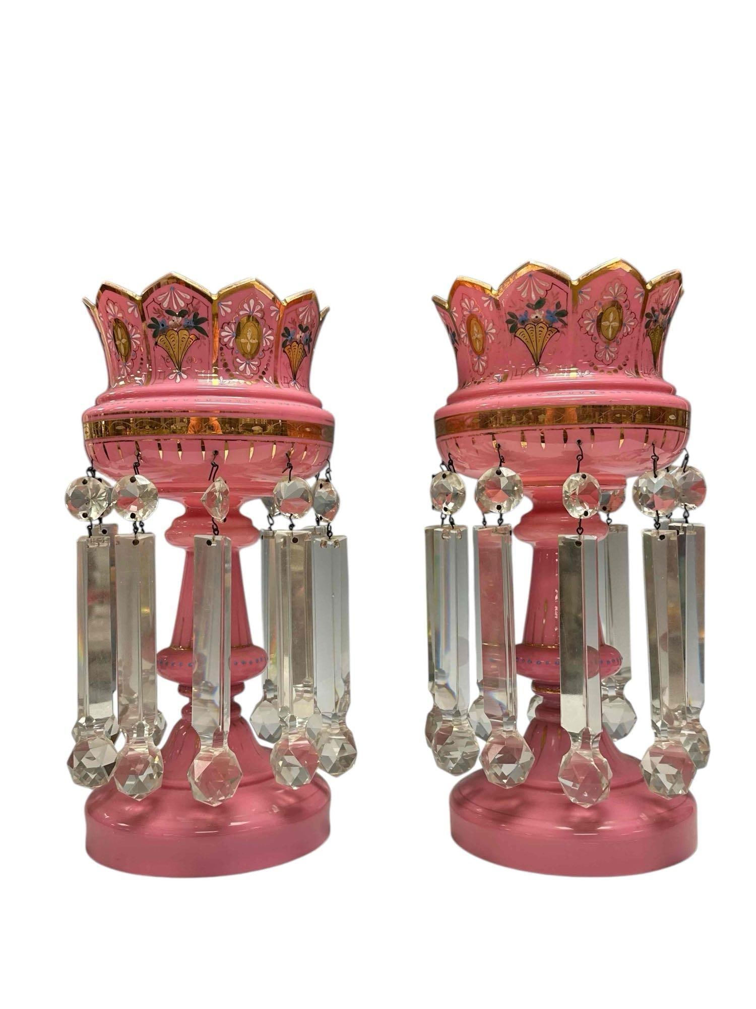 Exceptional Pair of Pink Enameled Mantle Lusters: Large pair of 19th century pink art glass mantle lustres massive ball double hung prisms 9". Standing approx 14.5" h x 7" diameter. Light use and wear consistent with age, as shown see photos. No issu