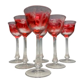 Six (6) MOSER Cranberry cut to Clear Stemware