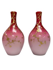 (2) Peach Blow and Gilt Bottle Neck Vases attr WEBB
