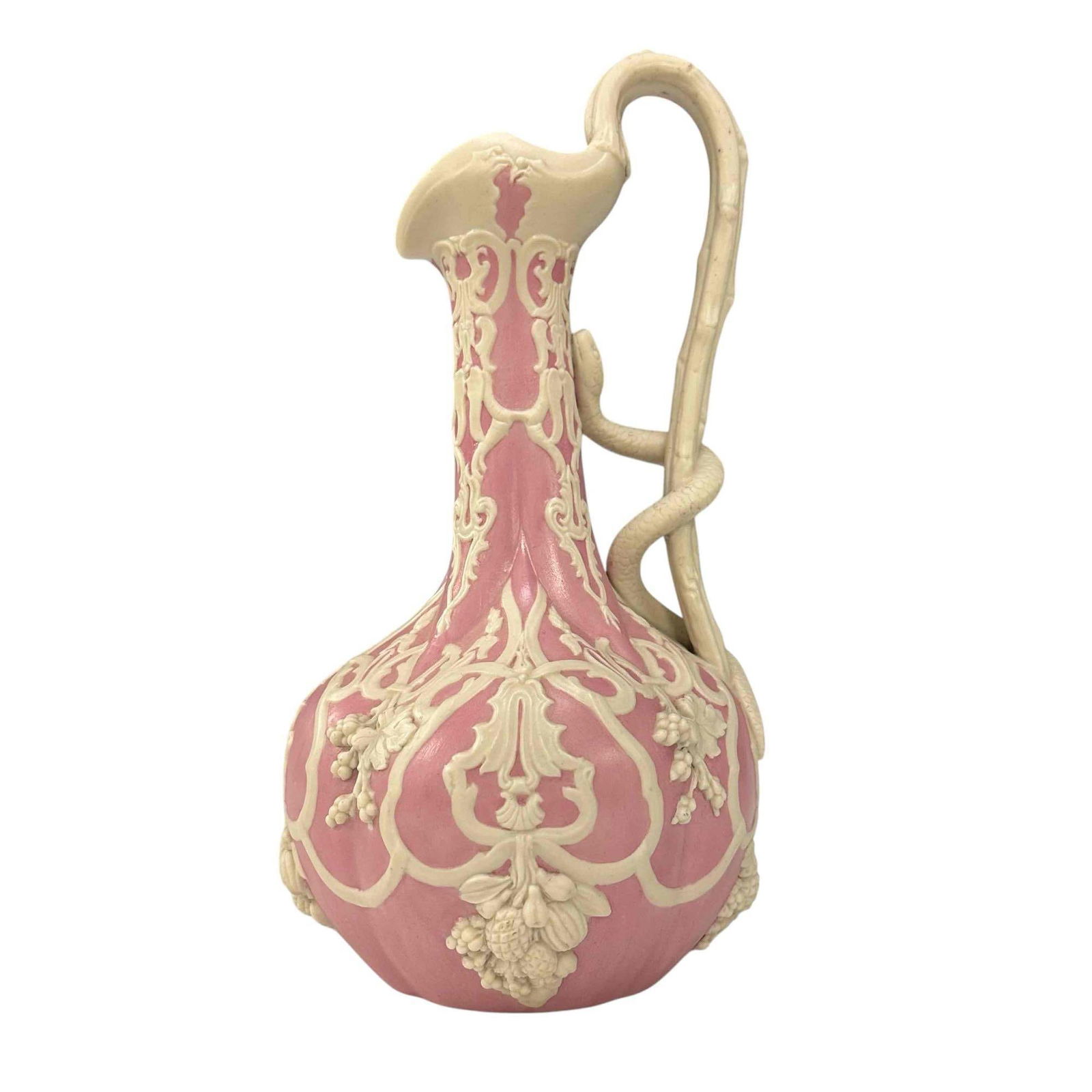 Incredible Amphora Pottery Ewer with Slithering Snake: 2025 is the year of the snake!! Very attractive, highly decorated and elegant form ewer having sea snake wrapped handle with full body decorations, melon body, bird or eagles adorn the spout rim borde
