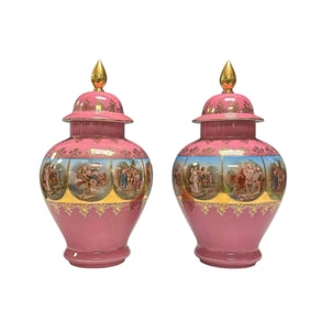 Pair of German Royal Vienna Courting Couple Scenic Urns