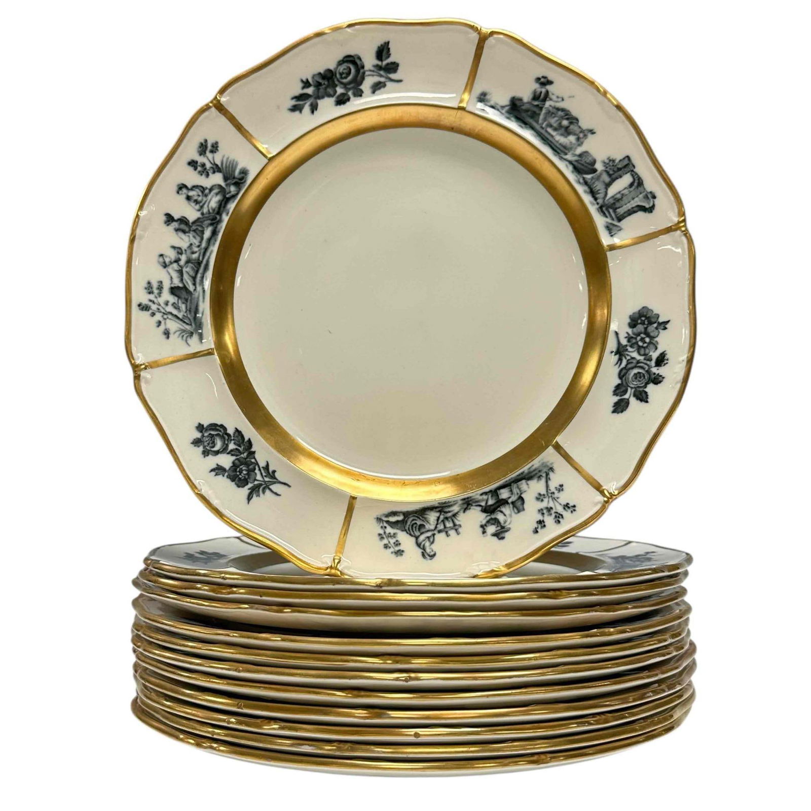 Twelve (12) Wedgwood Dinner Plates - Personages Pattern: Set of 12 Wedgwood English porcelain "Personages" plates. Measuring approx 10" diameter. Light use and wear, over good condition a few scuffs when caught in right light handle, not bad, see photos