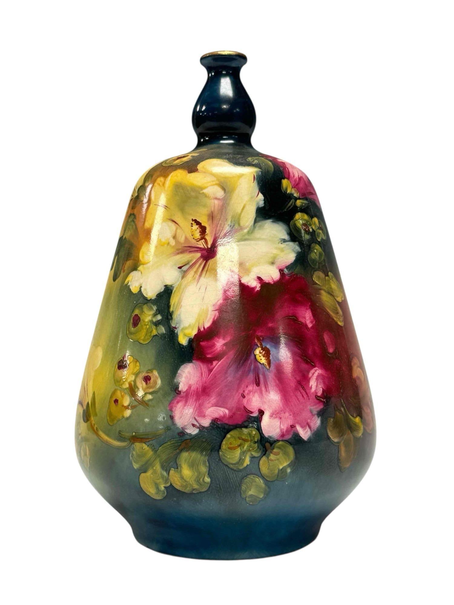 Royal BONN German Hand Painted Vase: A fine German art pottery, hand painted vase with Art Nouveau floral motif. Measuring approx 8" h x with tapered body. Good condition, no issues, see photos