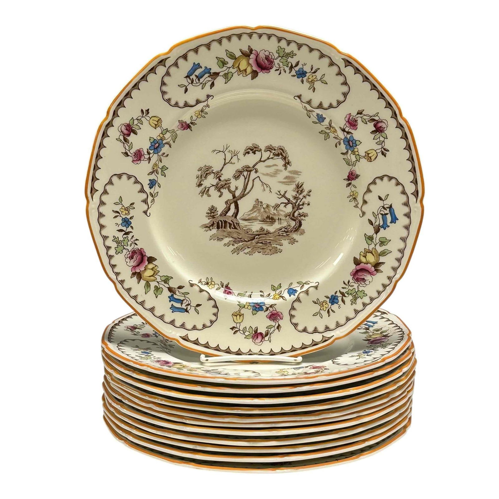 Twelve (12) Mid 20th Century Royal Doulton Bone China Dinner Plates - The Beaufort: Twelve dinner plates by Royal Doulton with The Beaufort pattern that was produced from 1935 to 1960. Features a floral and vine pattern around the circumference of the plate and an elegant landscape i
