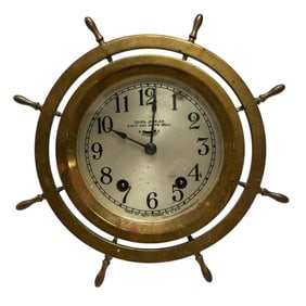 Mid Century Brass Ship Wheel Clock - Seth Thomas Seven Jeweled