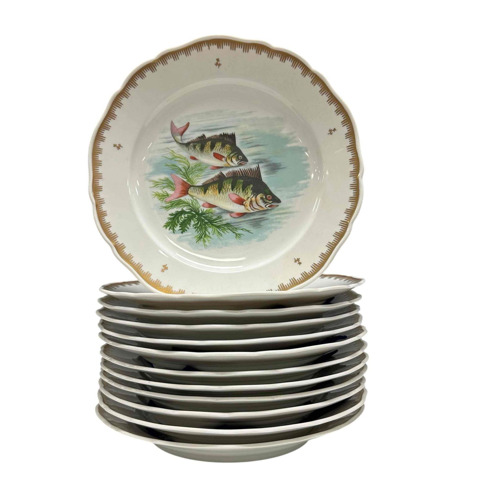 Twelve (12) Hand Panted French Plates: Twelve hand painted dinner plates made in France, likely from the Limoges region. The plates measure approximately 10 inches in diameter. The plates are a slightly deeper in the style of pasta plates.