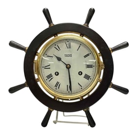 Mid 20th Century Ship Wheel Clock By Trent - Wood & Brass w/Key