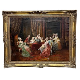 Signed 19th C. French Rococo Court Scene oil On Canvas