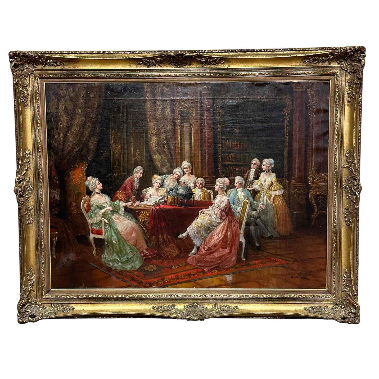 Signed 19th C. French Rococo Court Scene oil On Canvas (1 of 20)