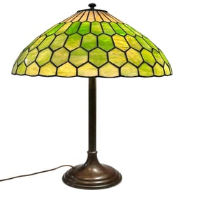Arts n Crafts Geometric Leaded Glass Bronze Lamp