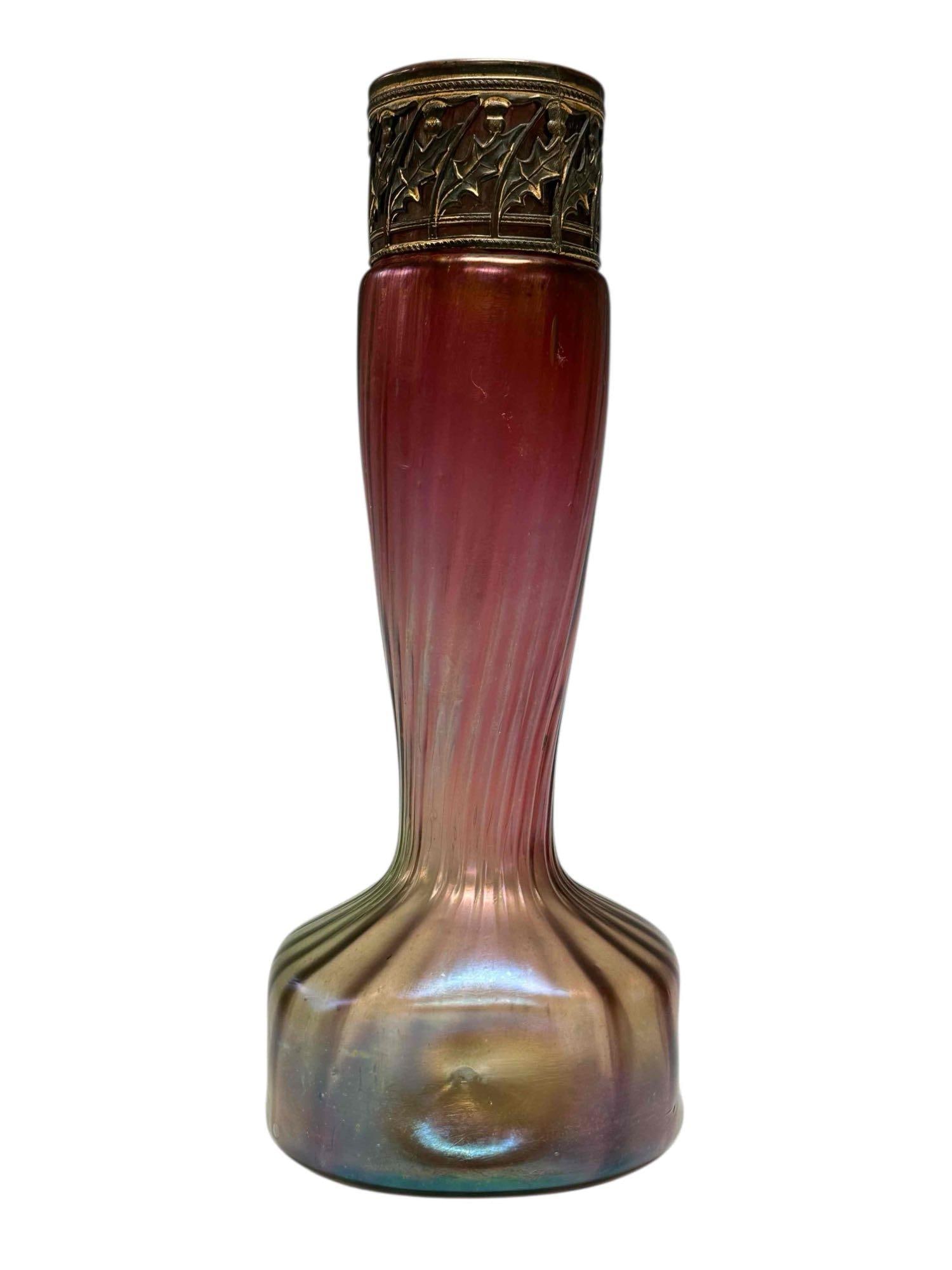 LOETZ Art Nouveau Vase: Great form Loetz art glass vase with bronze decorative cap as shown. Measuring approx 10.5" h. Dust soil very light wear, over very good as shown, see photos