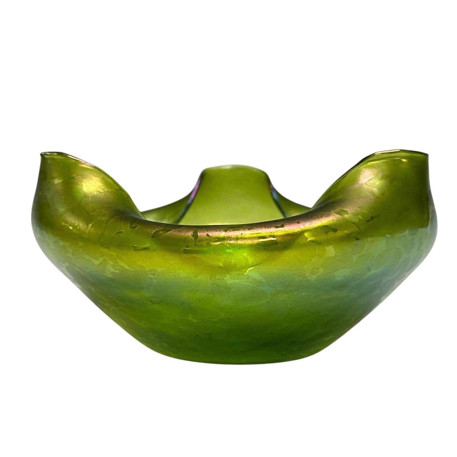 Loetz Austria Crimp Form Bowl: Signed in script on polish pontil bottom and measuring approx 3.5" h x 7" diameter. Good condition, no issues, see photos