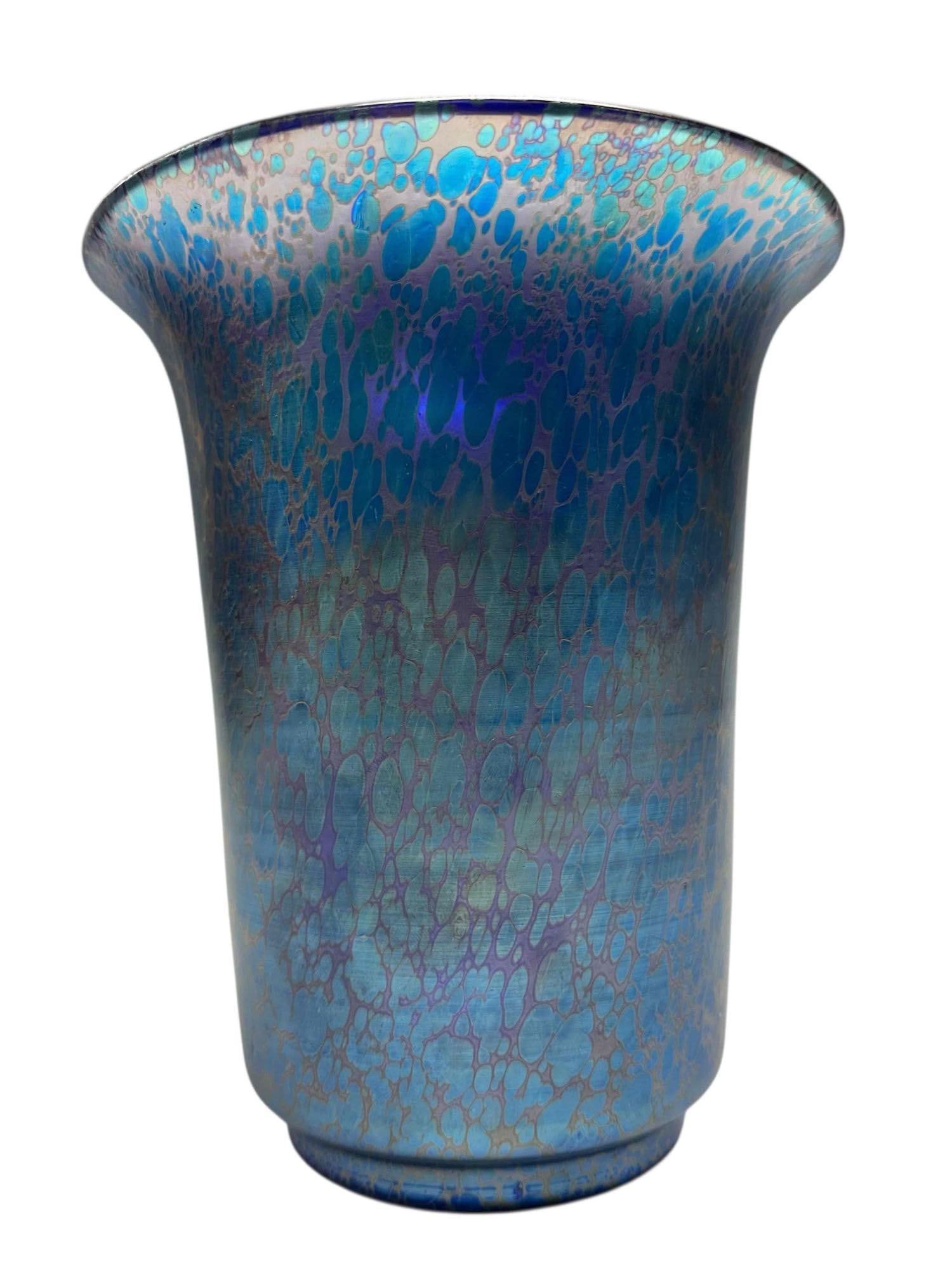 Loetz Art Nouveau Cobalt Blue Papilion Glass Vase: Flared top form. Measuring approx 7.75" h x 6.5" diameter. Good condition, no issues, see photos