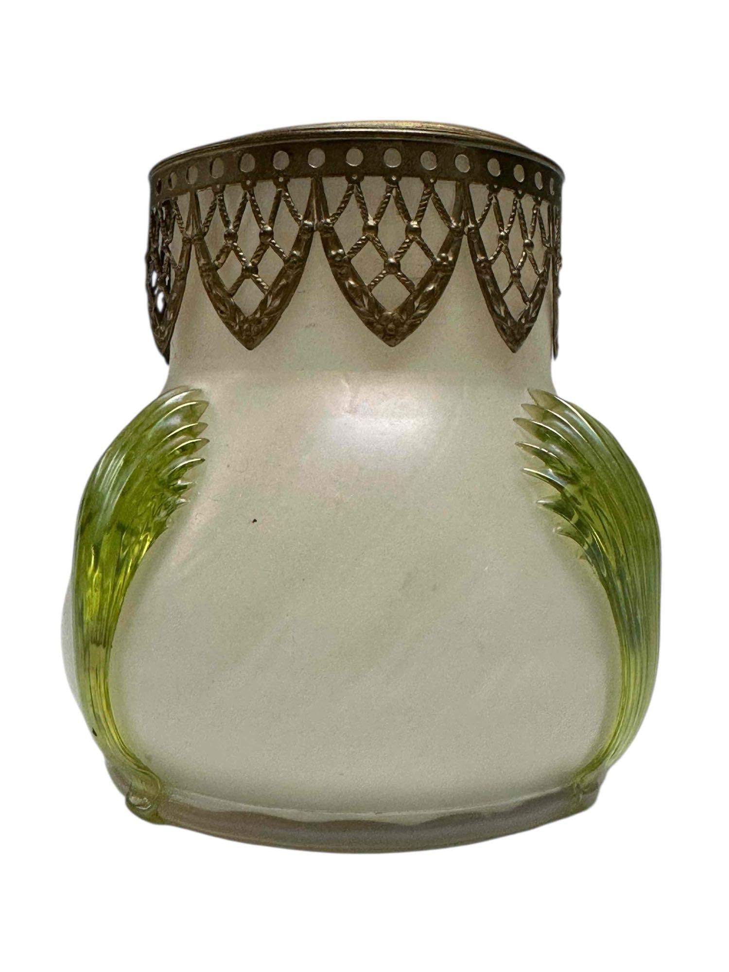 LOETZ Iridescent Art Glass Rose Bowl with Bronze Top: A fine and early Loetz art glass flower frog or rose bowl with ornate bronze cap. Measuring approx 5" h. No issue, see photos