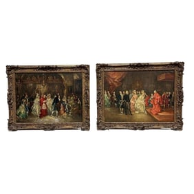 (2) 19th Century Italian 'Visit with Cardinal' Oil on Canvas Painting