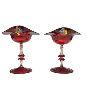 Pair of Early Venetian Murano Art Glass Compotes