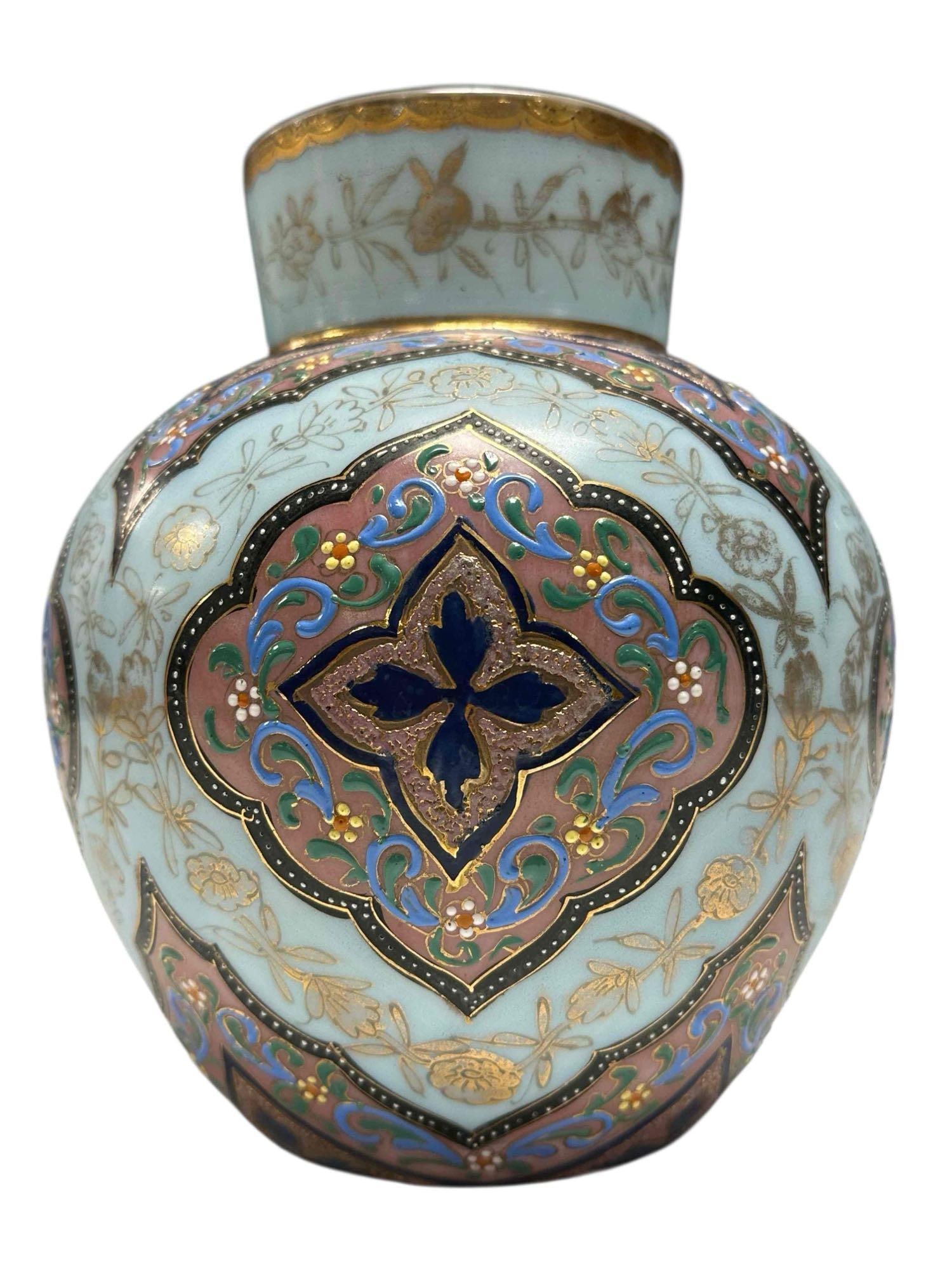 A Fine Art Deco Enameled Art Glass Moldavian Vase: Another fine example of Thomas Webb Glass in opalware with Moroccan design. Measuring approx 8" h x 7" diameter. Light use and wear, overall very good as shown, see photos