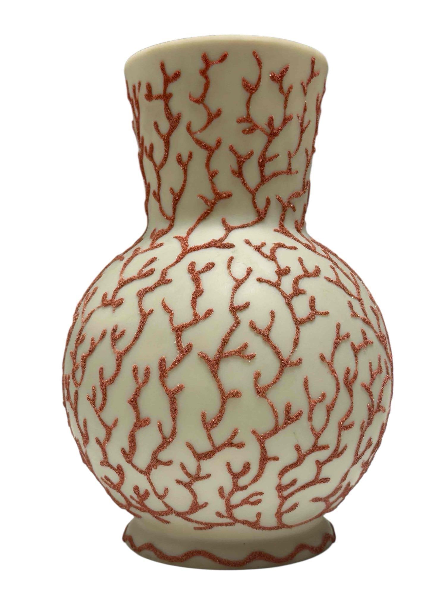 Victorian Satin Coralene Art Glass Vase: A fine Victorian Art Glass vase with coral raised relief textured finish. Measuring approx 8" tall. Wonderful and unique, see photos