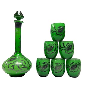 Art Deco Green Glass with Silver Overlay Liquor Set