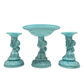 3pc Renaissance Motif Blue Milk Glass Set