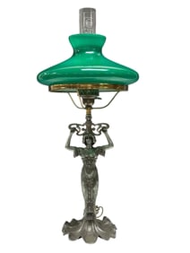 Art Nouveau Figural Lamp with Green Cased Shade