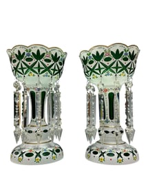 Bohemian Emerald Green Cut White Overlay Lustres