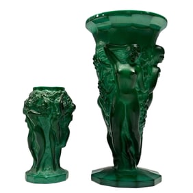Czech Art Deco Nudes Malachite Glass Vases Nudes
