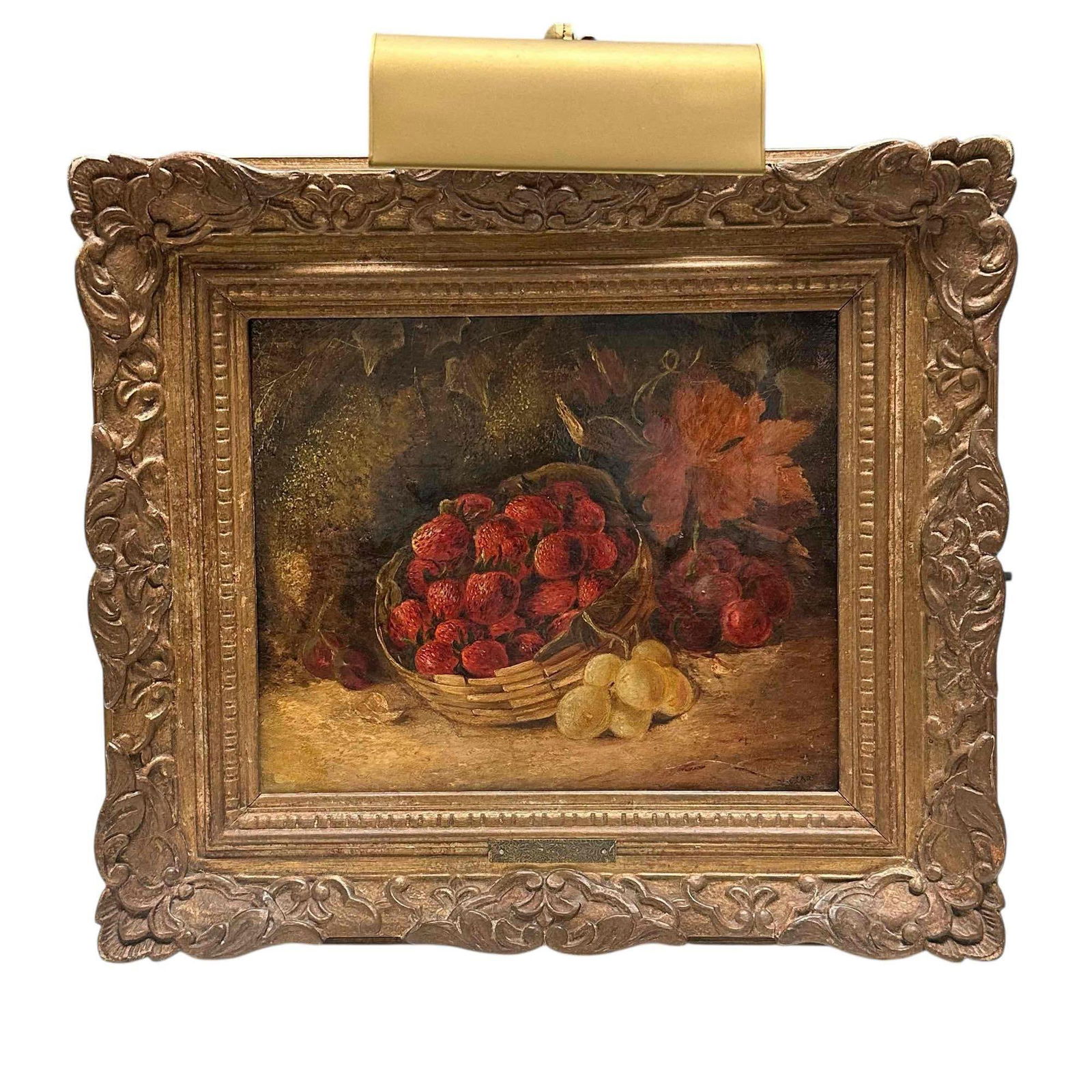 19th Century Berry Fruit Oil on Canvas - V. CLARE: Signed in lower right V. Clare Vincent Clare, English (1855-1930) bearing original J.J Gillespie labels on verso. Framed measuring approx 18" w x 15.5" h and image sight size approx 12" w x 10" h. Not