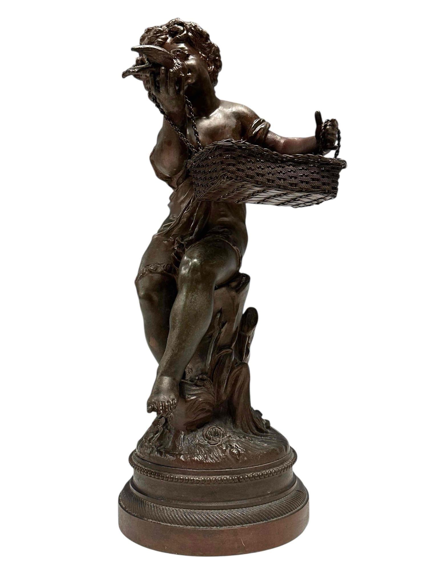 19th Century Cast Mixed Metal Sculpture of Young Child: 19th century sculpture depicting a whimsical young child seated on tree stump with a basket and bird. Wonderful and charming execution! White metal and bronze measuring approx 15" tall. Light use and 
