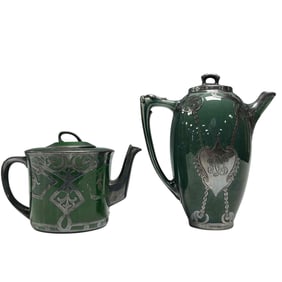 (2) Art Nouveau Pottery pcs with Sterling Silver Overlay
